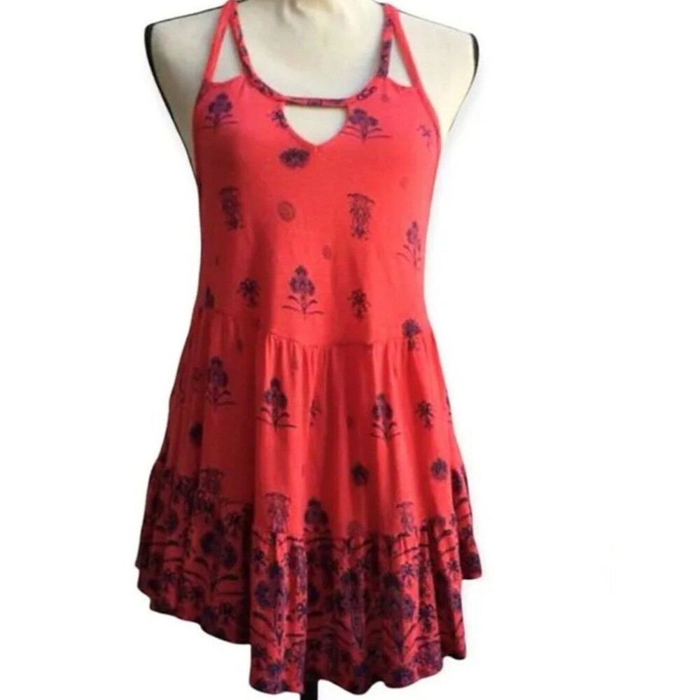 Free People tiered flowy tank strappy Lattice back tank top XS Red navy summer